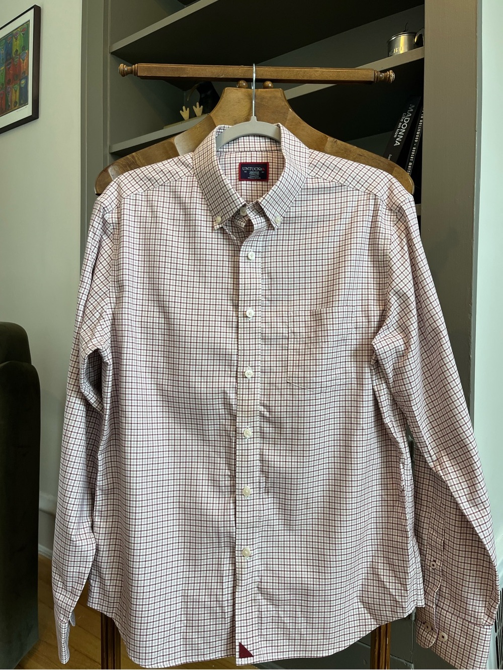 UNTUCKit Men’s Button-Down Plaid Shirt - White with Burgundy plaid